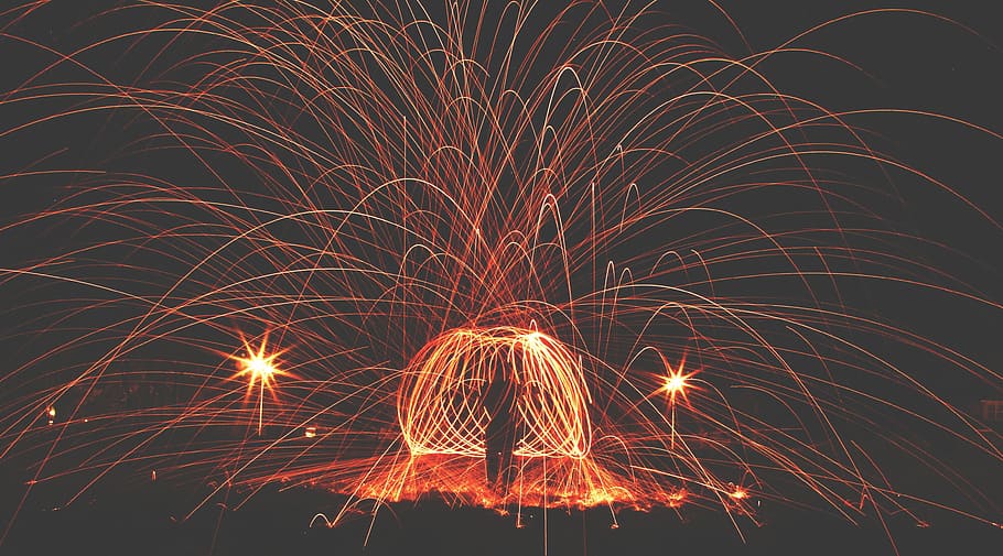 dark, fireworks, flame, guy, man, show, night, motion, illuminated HD wallpaper