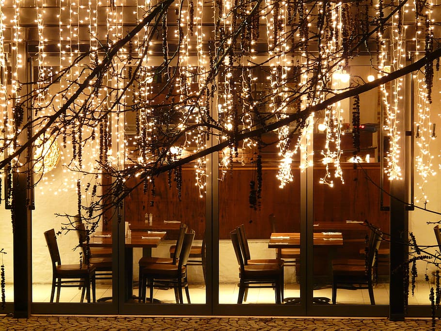 empty tables and chairs with string lights, space, dining room HD wallpaper