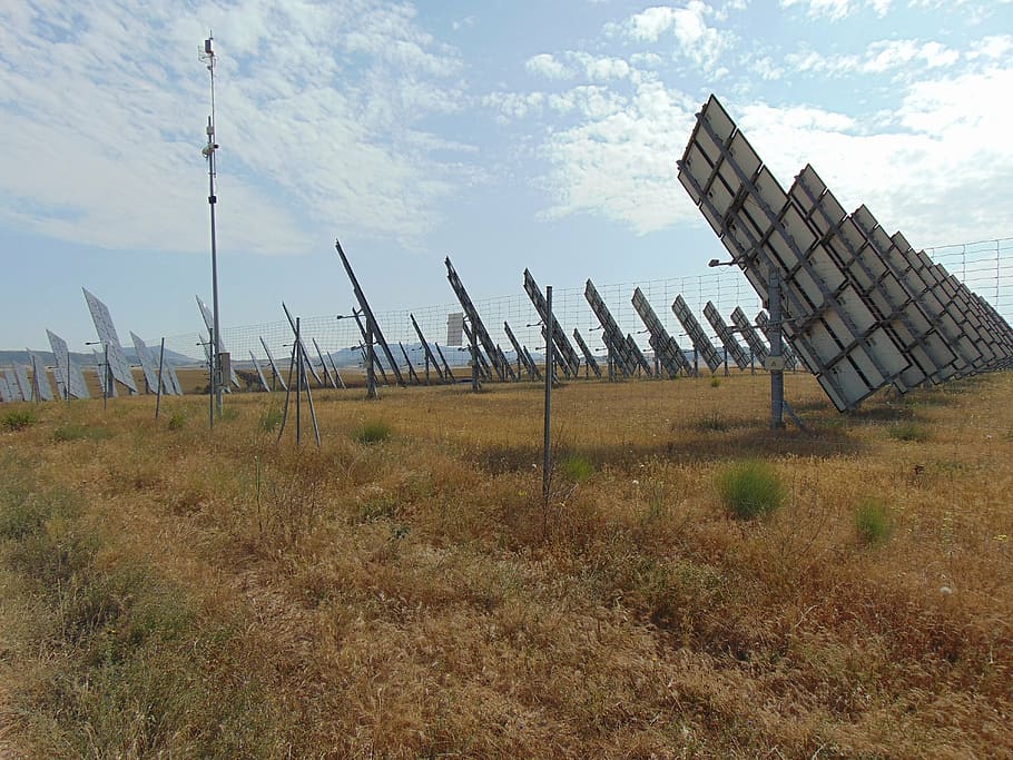 solar panels, technology, renewable energy, sky, grass, environment HD wallpaper