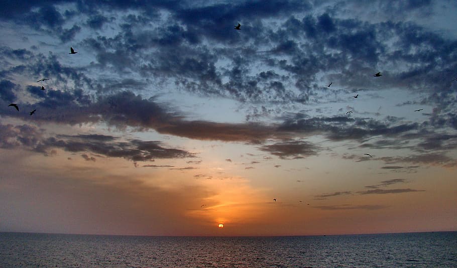 calm ocean water at golden hour, sunset, atlantic, sea, clouds HD wallpaper