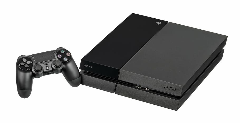 black Sony PS4 with controller, video game console, play, toy, HD wallpaper