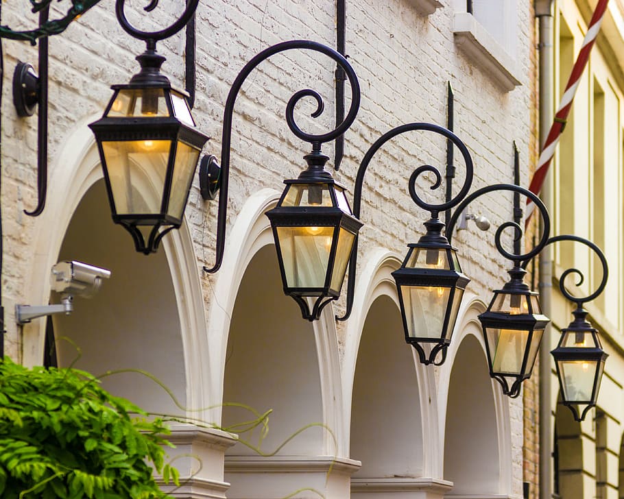 five turned-on black outdoor lanterns, lamps, lighting, romantic HD wallpaper