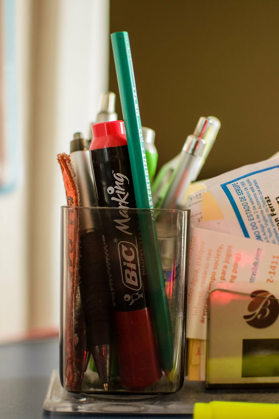 pencil, table, office, luggage, desk table, indoors, no people HD wallpaper