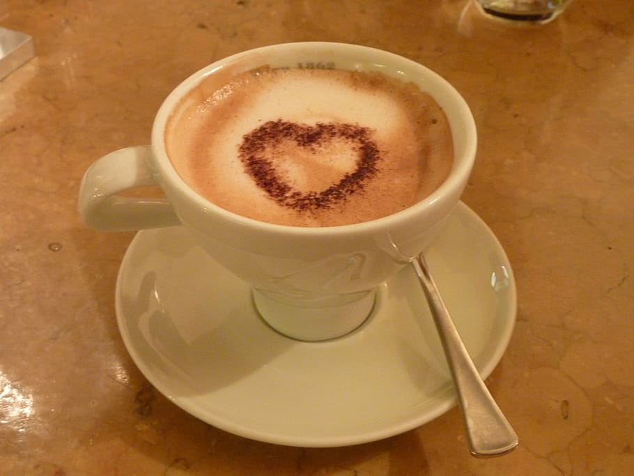 white ceramic coffee with heart decor, cappuccino, cup, milchschaum