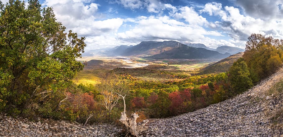 landscape photo of trees and mountains, panoramic, autumn, sky HD wallpaper