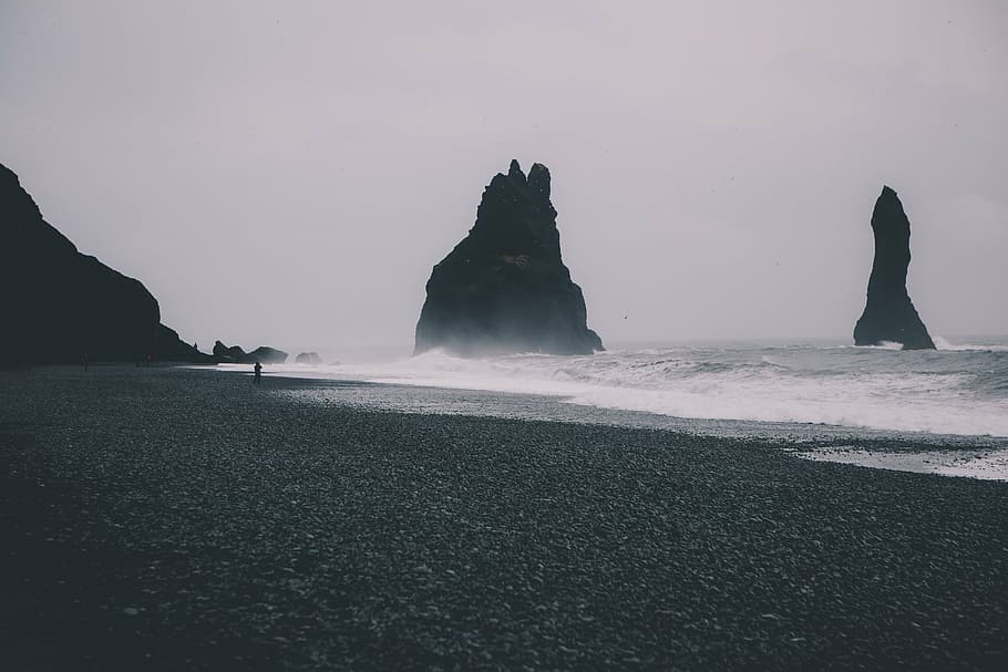 seashore near rock formation at daytime, coast, wave, sand HD wallpaper