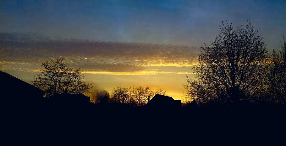 sunset, dawn, nature, panoramic, dusk, tree, silhouette, sky HD wallpaper