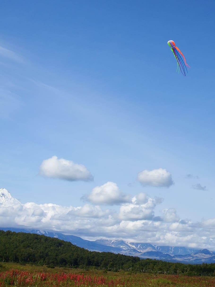 sky, clouds, kite, flight, height, volcano, forest, open space HD wallpaper