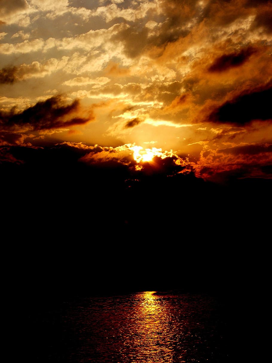 sunset, lake, cloud, fire, sky, cloud - sky, beauty in nature HD wallpaper
