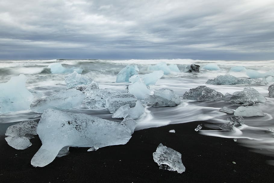 iceland, beach, iceberg, sea, blue, arctic, cold temperature HD wallpaper
