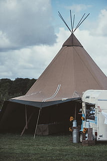 Festival, brown teepee tent with trailer, camping, van, ice cream HD wallpaper