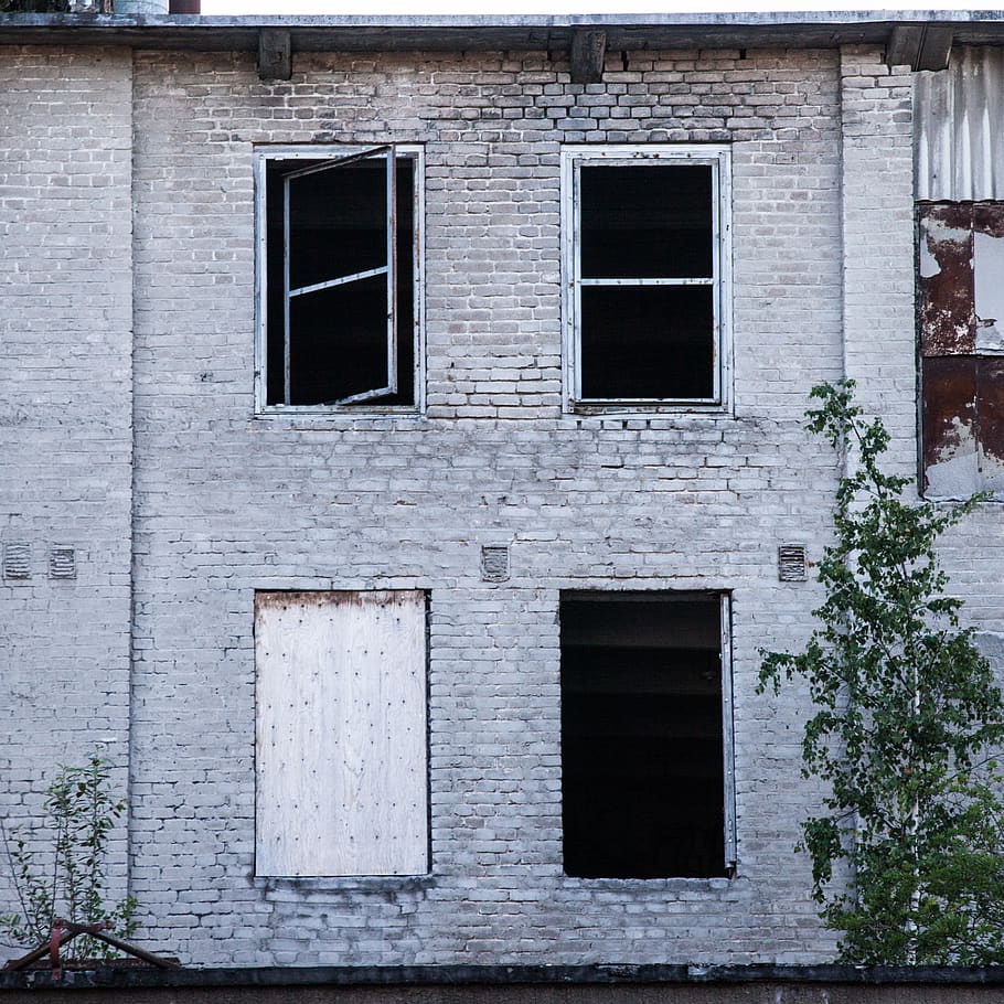 broken windows, brick wall, abandoned factory, empty, old, workplace