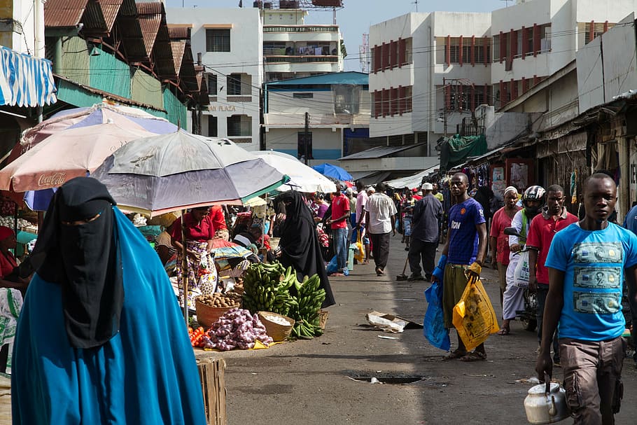 people walking on street near houses at daytime, market, mombasa, HD wallpaper
