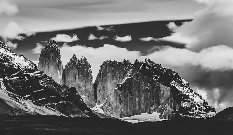 grayscale photo of rock formations with clouds, mountain, snow HD wallpaper