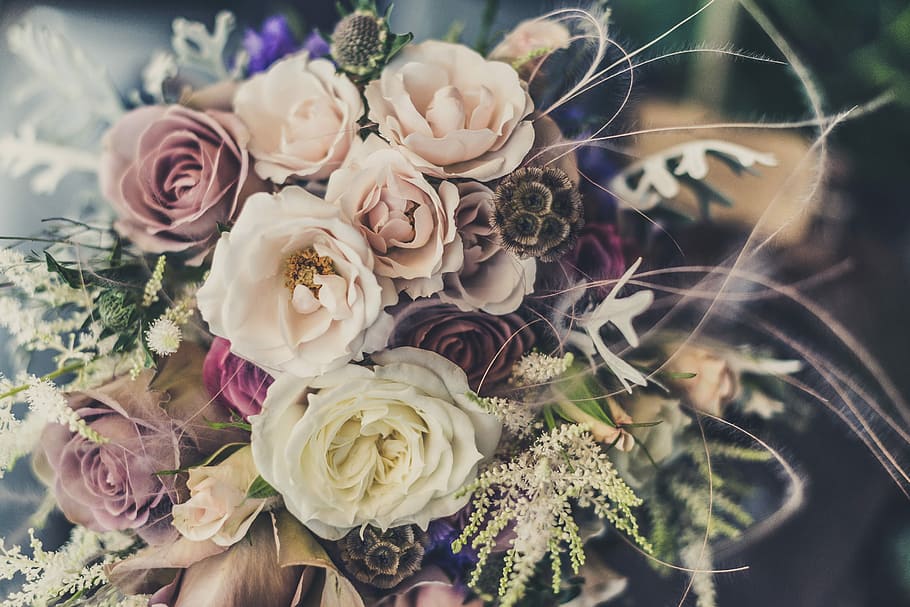 bouquet assorted-color flowers, photo of pink, white, and purple rose flower bridal bouquet HD wallpaper