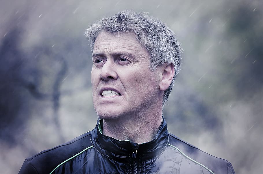 man wearing zip-up top, human, face, fog, rain, out, view, portrait HD wallpaper