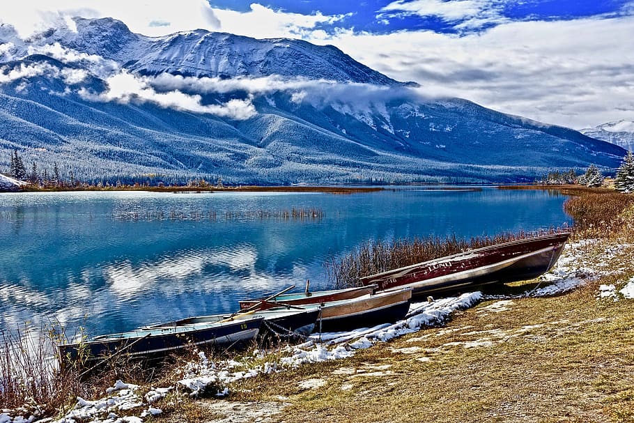 lake, wilderness, boat, reflection, mountains, snow, nature HD wallpaper