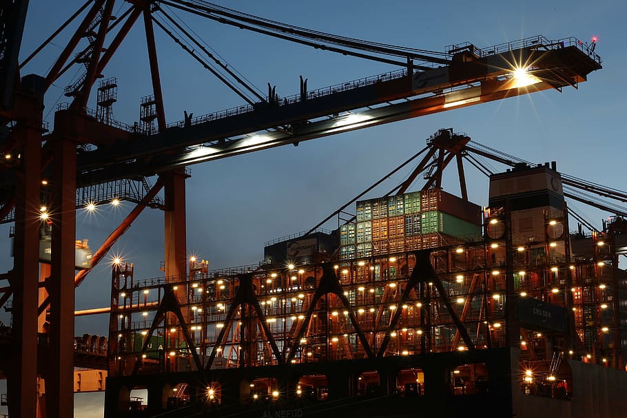 silhouette photography of crane, hamburg, port, cranes, container ship