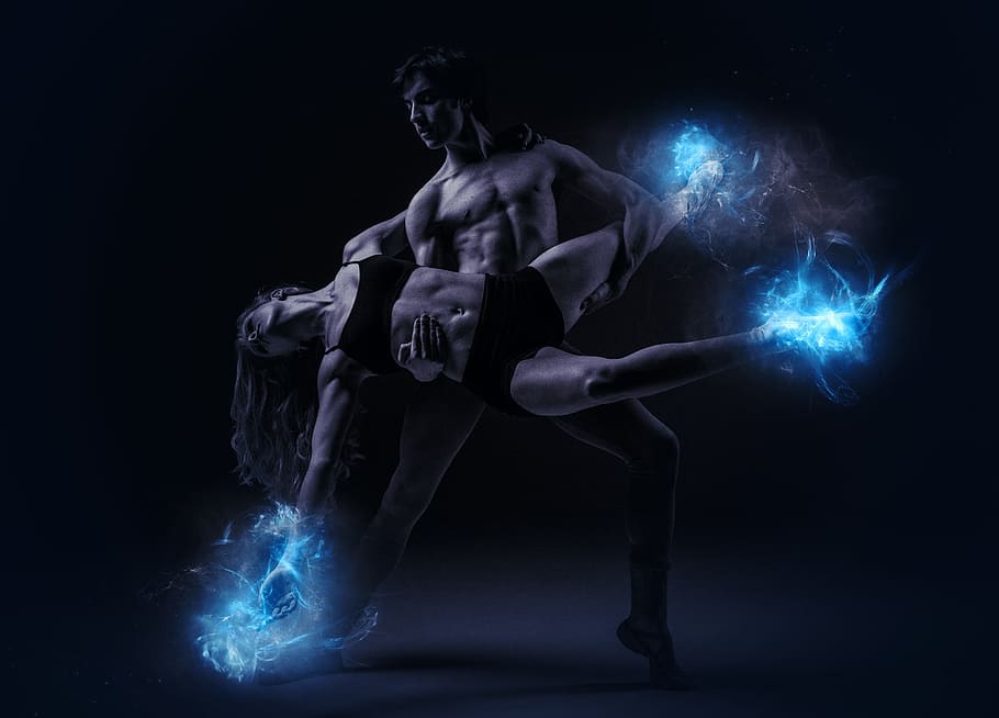 man and woman dancing with light effects, dancers, ballet, performance HD wallpaper