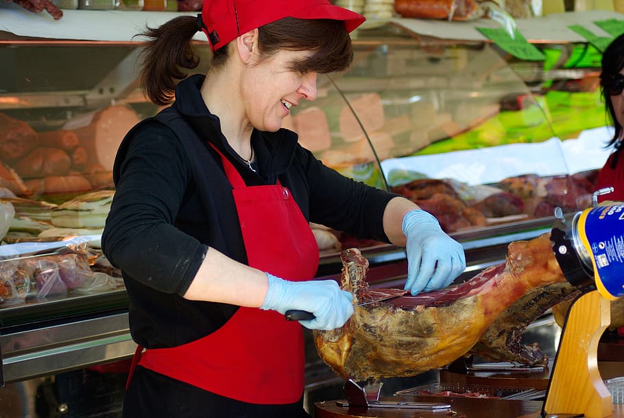 woman wearing red apron, ham, pork, market, butcher, delicatessen, HD wallpaper