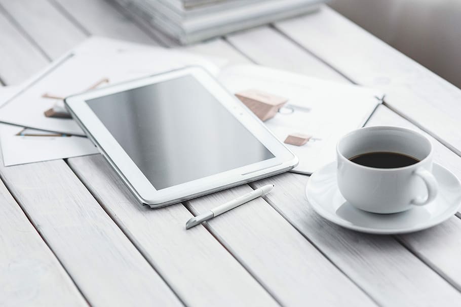 Coffee on a table with other items, morning, pot, tablet, business HD wallpaper