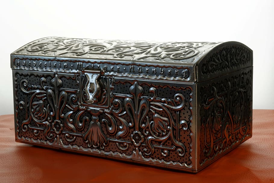 brown metal chest box, antique, antiques, sheet, store, stow HD wallpaper