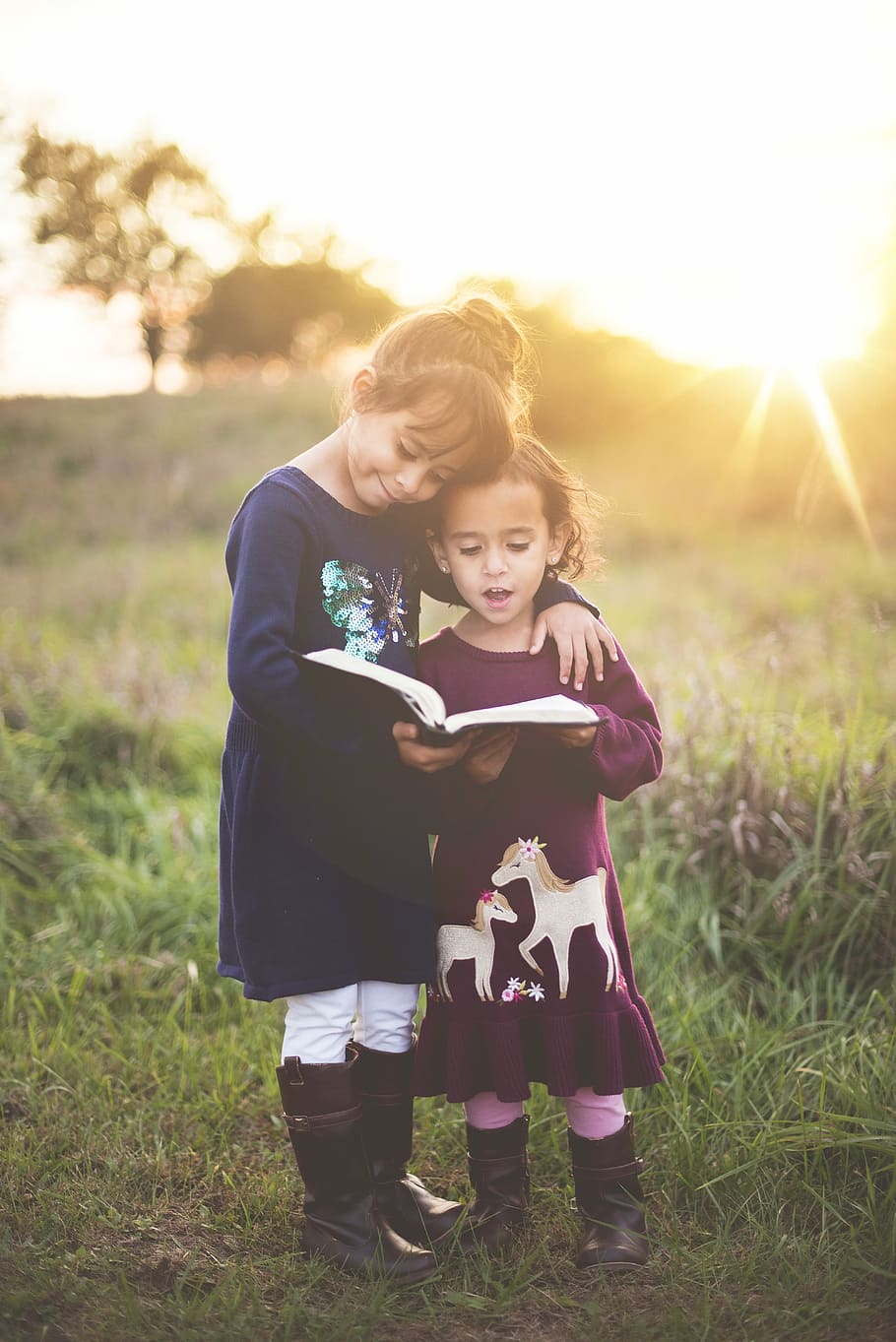 girl's left hand wrap around toddler while reading book during golden hour, two girl's standing in green grass field reading book HD wallpaper