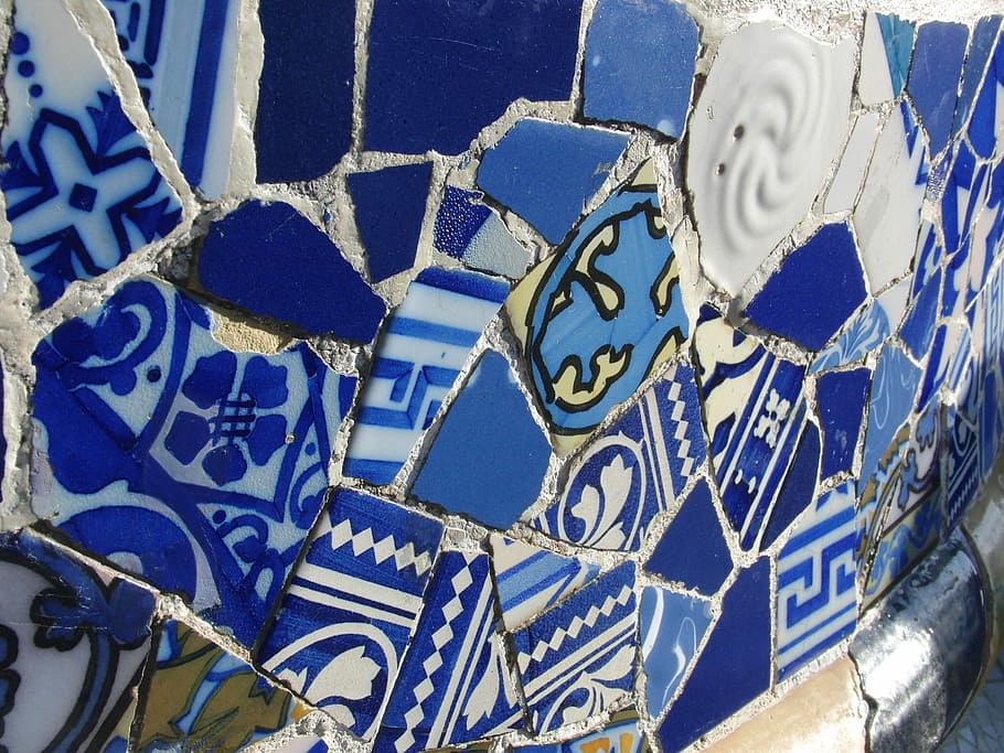 Tiles, Pattern, Fun, Barcelona, Güell, blue, broken, mosaic HD wallpaper