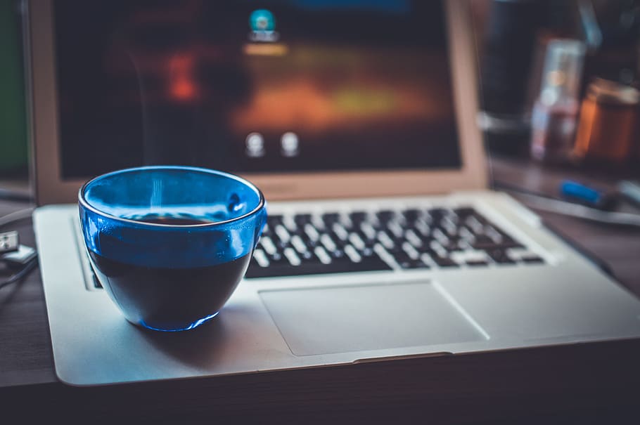 Blue Glass Cup on Silver Laptop Computer, blur, close-up, drink HD wallpaper