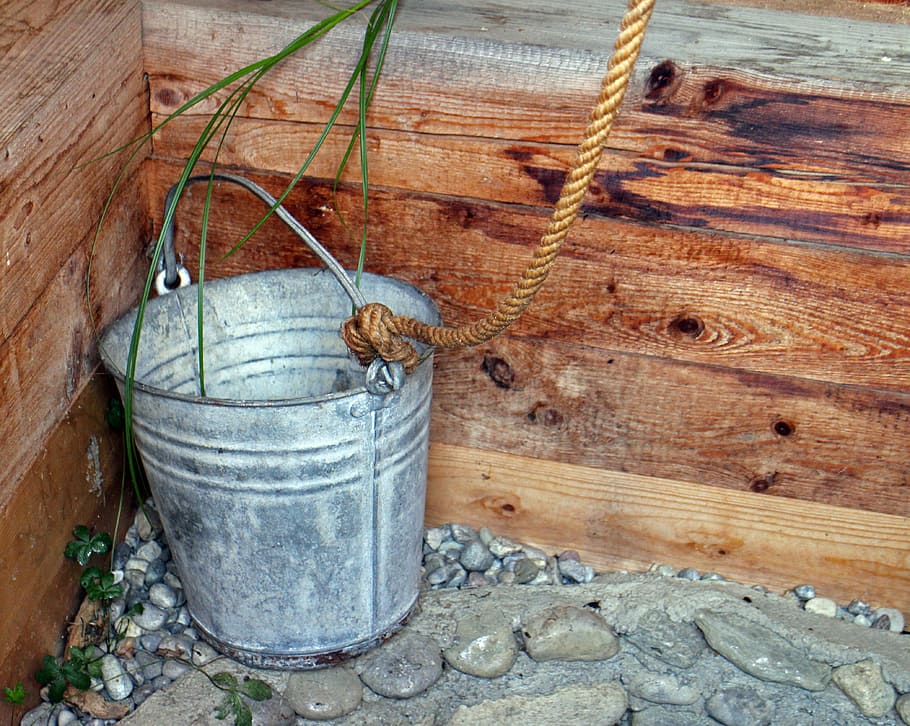 bucket, fountain bucket, metal, water, rope, water bucket, draw, HD wallpaper