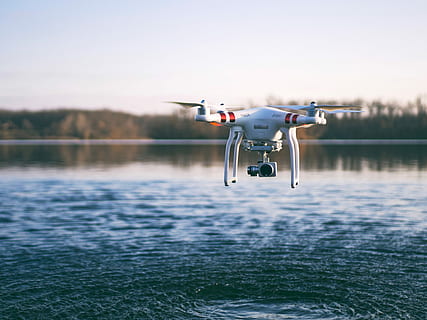 Drone flying over the lake, auto-pilot, machine, plane, public domain HD wallpaper