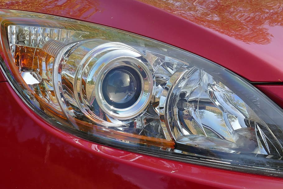 auto, spotlight, eye, close, red, pkw, car, chrome, headlight HD wallpaper
