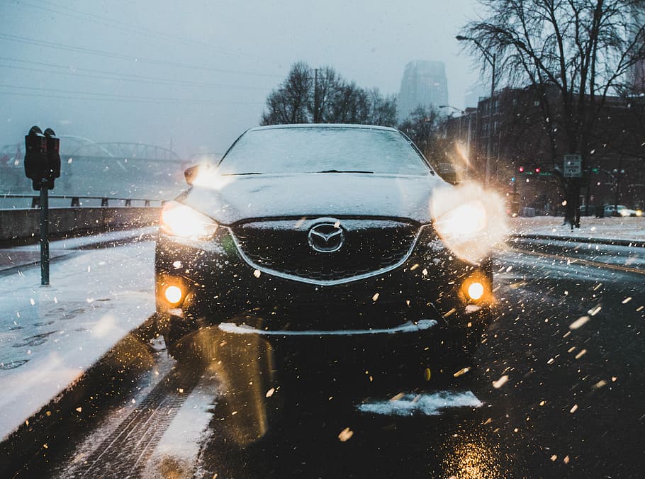 black Mercedes-Benz car parked on street, black Mazda car, light HD wallpaper