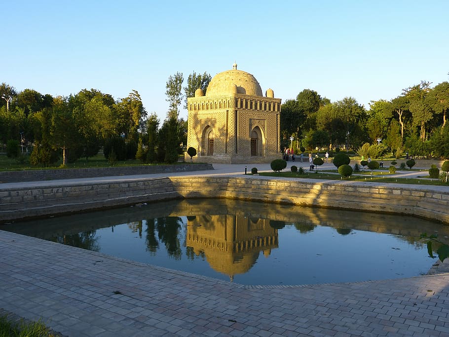 samanid mausoleum, tomb, water, mirroring, ismail samanis, tholos tomb, HD wallpaper