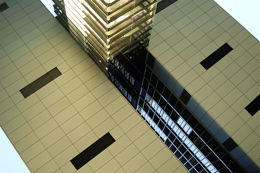 White and Black Concrete Building, architecture, low angle shot HD wallpaper