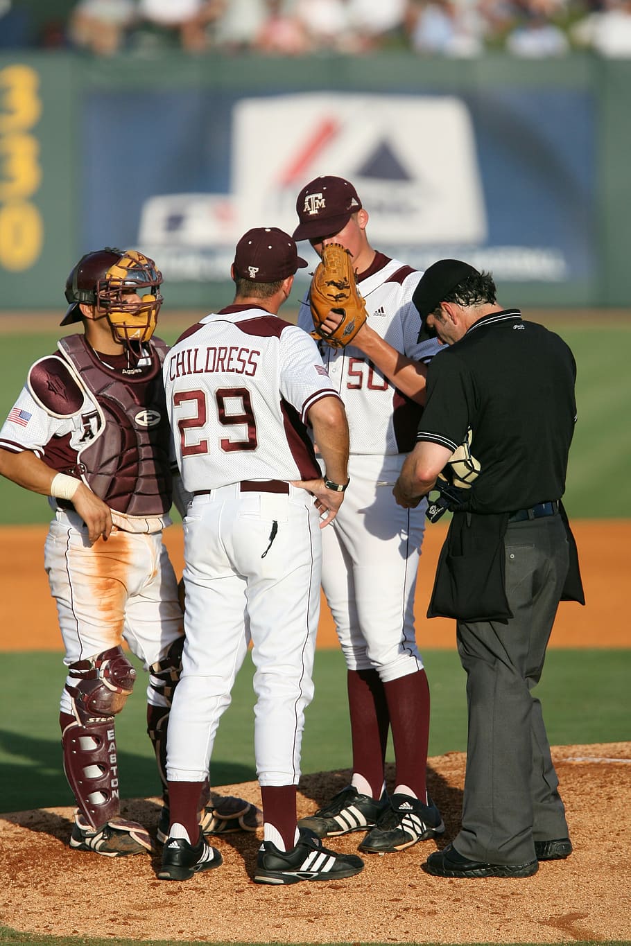baseball, game, players, coach, pitcher's mound, sport, field HD wallpaper