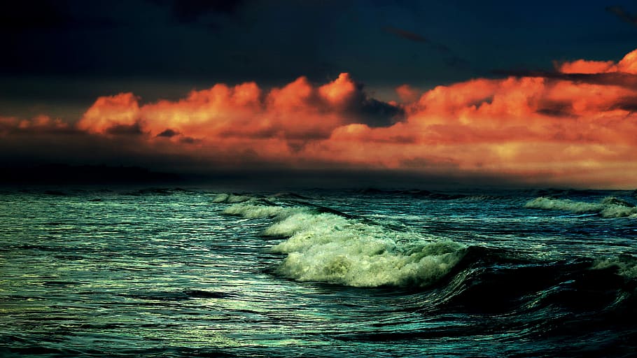 Dark waves under red clouds, ocean waves under orange skies, sea HD wallpaper