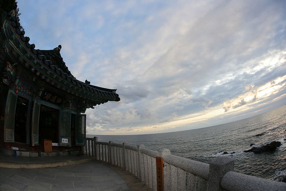 naksansa, sky, sea, section, sunrise, gangwon do, cliff, cloud - sky HD wallpaper