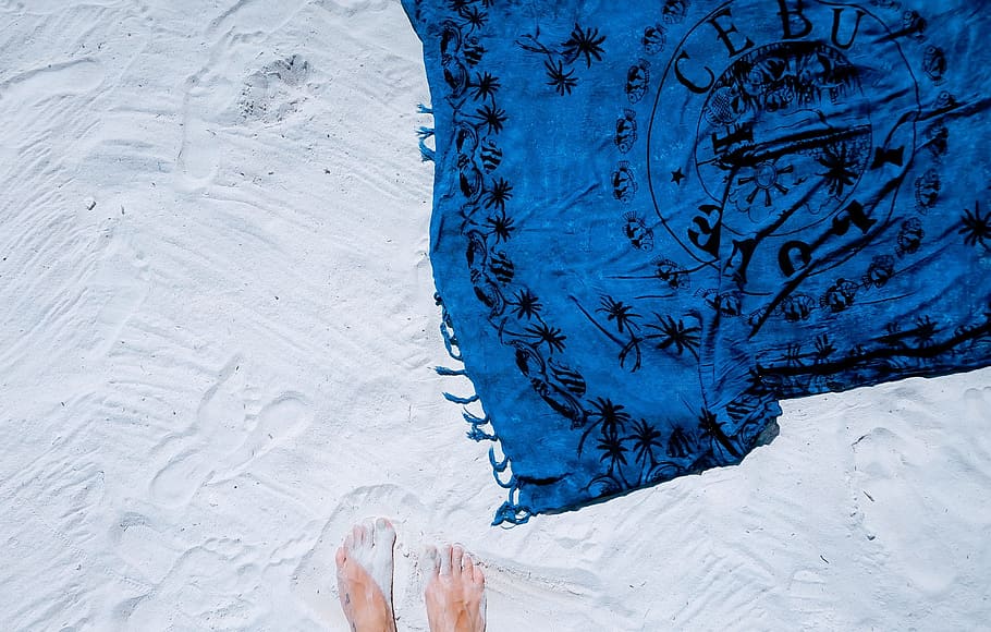 person standing on white sand, beach, blue, shawl, picnic, summer HD wallpaper
