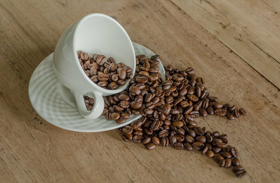 coffee beans on teacup and saucer, mug, drink, beverage, caffeine HD wallpaper