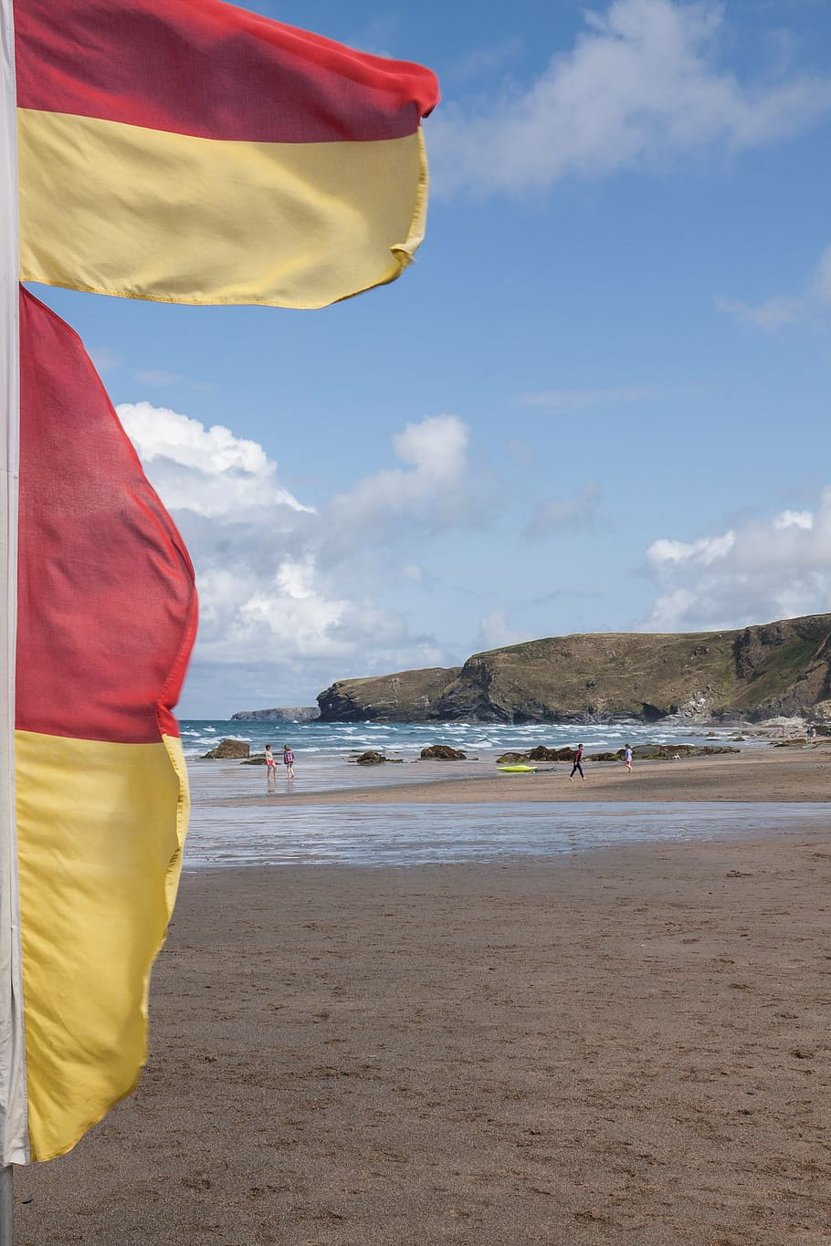 flags, demarcation, surf area, coast, coast guard, rock, sea HD wallpaper