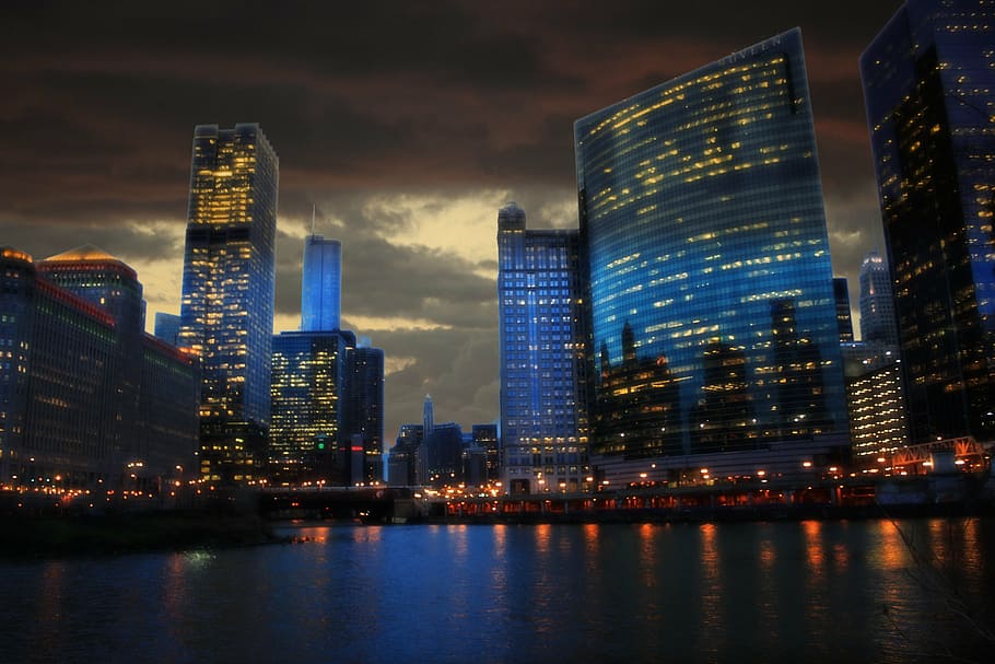 blue high rise building near body of water, chicago, downtown, HD wallpaper