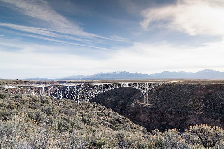 architecture, bridge, bright, clouds, daylight, hill, landscape HD wallpaper