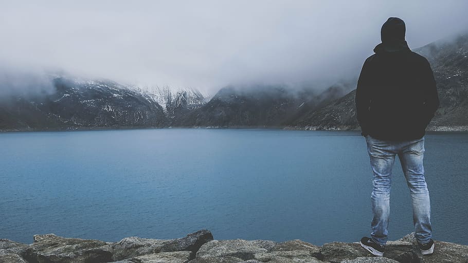 man facing body of water, people, river, lake, mountain, travel HD wallpaper