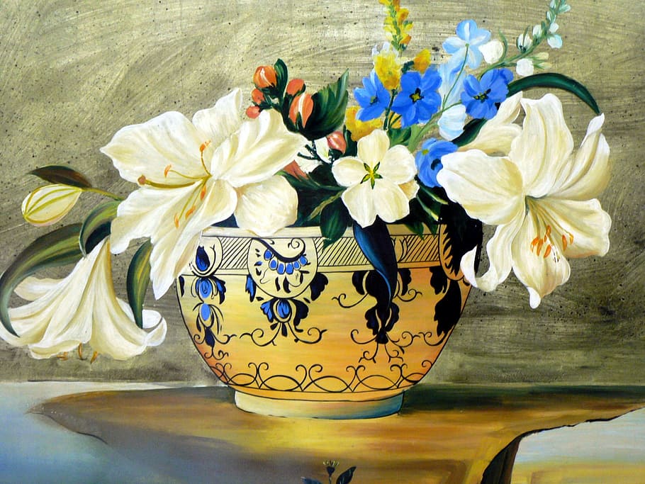 beige and black floral vase with flowers painting, still lifes