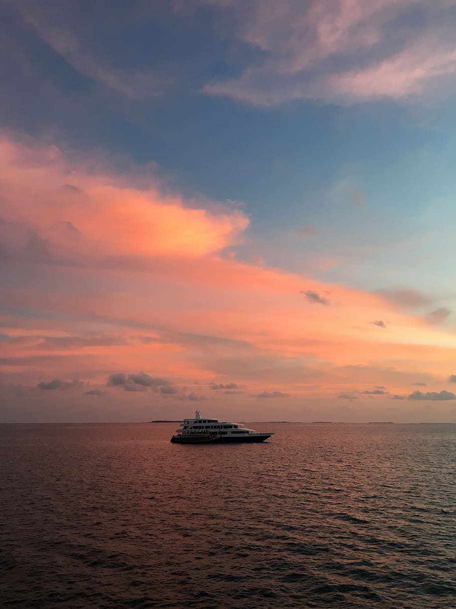 Sunset, Sea, the sea, red, cloud - sky, nautical vessel, dramatic sky HD wallpaper