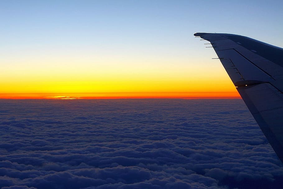 Clouds, Scenery, Wing, Airplane, sky, sunset, transportation HD wallpaper