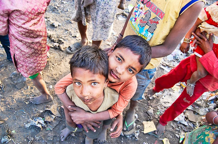 HD wallpaper: two boys looking up on camera, india, slums, poor, people,  poverty
