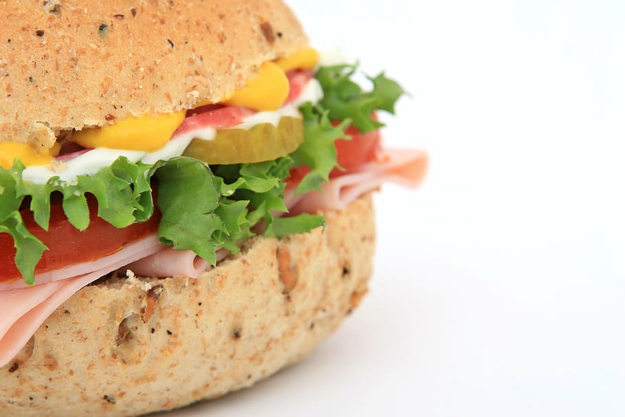 ham sandwich, bread, brown, bun, calories, close-up, color HD wallpaper