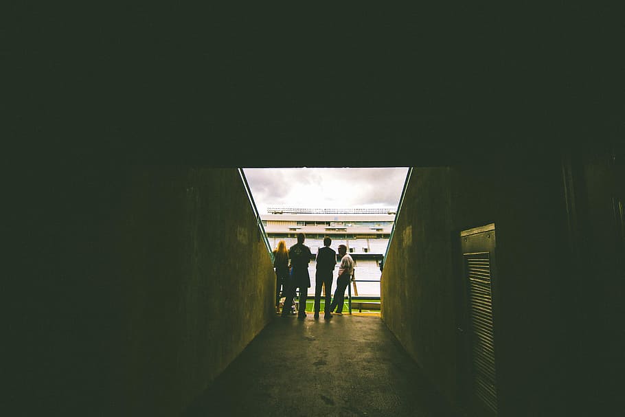 four people on hallway during day time, dark, men, spooky, walking HD wallpaper